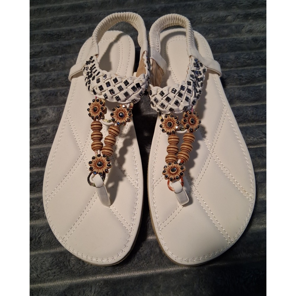 Boho Beaded Flower Flat Sandals-White Rhinestone Thong Slingback EU 43/US  11